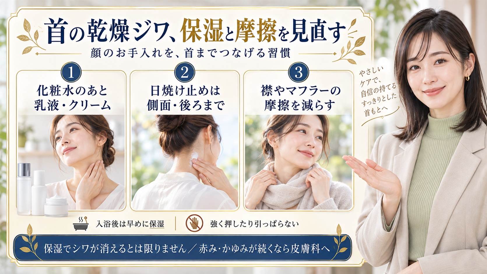 首の乾燥ジワは保湿と摩擦を見直し顔のお手入れを首までつなげる。化粧水のあと乳液やクリームを使い日焼け止めは側面と後ろまで塗り襟やマフラーの摩擦を減らす。入浴後は早めに保湿し強く押したり引っぱらない。保湿でシワが消えるとは限らず赤みやかゆみが続くなら皮膚科へ相談する