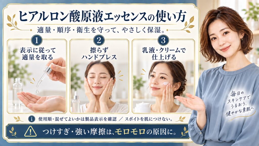 ヒアルロン酸原液エッセンスは適量順序衛生を守ってやさしく保湿する。表示に従って適量を取り擦らずハンドプレスし乳液やクリームで仕上げる。使用順や混ぜてよいかは製品表示を確認しスポイトを肌につけない。つけすぎや強い摩擦はモロモロの原因になる