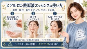 ヒアルロン酸原液エッセンスは適量順序衛生を守ってやさしく保湿する。表示に従って適量を取り擦らずハンドプレスし乳液やクリームで仕上げる。使用順や混ぜてよいかは製品表示を確認しスポイトを肌につけない。つけすぎや強い摩擦はモロモロの原因になる