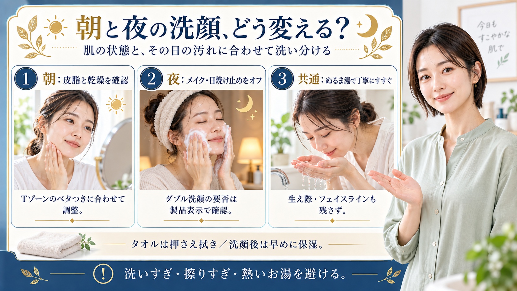 朝と夜の洗顔は肌の状態とその日の汚れに合わせて洗い分ける。朝は皮脂と乾燥を確認してTゾーンのベタつきに合わせ調整し夜はメイクや日焼け止めを落とす。ダブル洗顔の要否は製品表示で確認。ぬるま湯で生え際やフェイスラインまで丁寧にすすぎタオルは押さえ拭きして早めに保湿する。洗いすぎ擦りすぎ熱いお湯を避ける