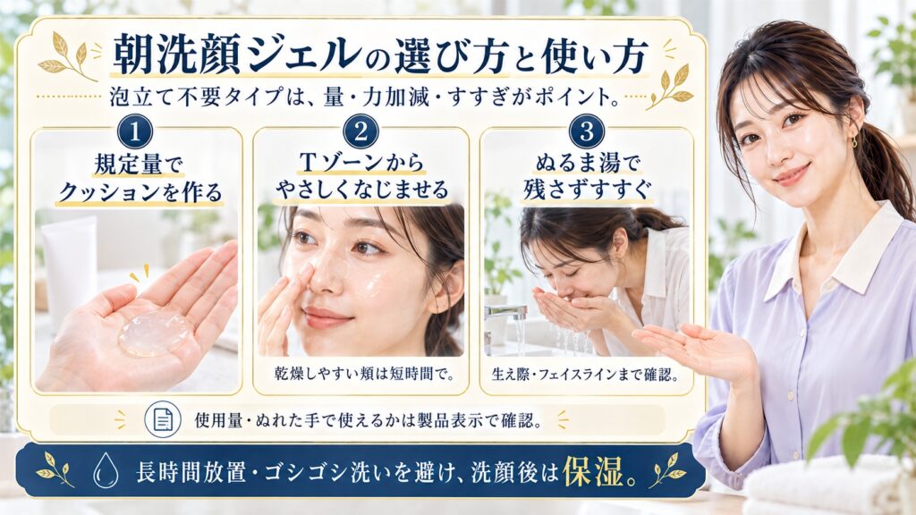 朝洗顔ジェルは泡立て不要タイプなら量力加減すすぎがポイント。規定量でクッションを作りTゾーンからやさしくなじませ乾燥しやすい頬は短時間で済ませる。ぬるま湯で生え際やフェイスラインまで残さずすすぐ。使用量やぬれた手で使えるかは製品表示を確認し長時間放置やゴシゴシ洗いを避け洗顔後は保湿する