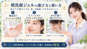 朝洗顔ジェルは泡立て不要タイプなら量力加減すすぎがポイント。規定量でクッションを作りTゾーンからやさしくなじませ乾燥しやすい頬は短時間で済ませる。ぬるま湯で生え際やフェイスラインまで残さずすすぐ。使用量やぬれた手で使えるかは製品表示を確認し長時間放置やゴシゴシ洗いを避け洗顔後は保湿する