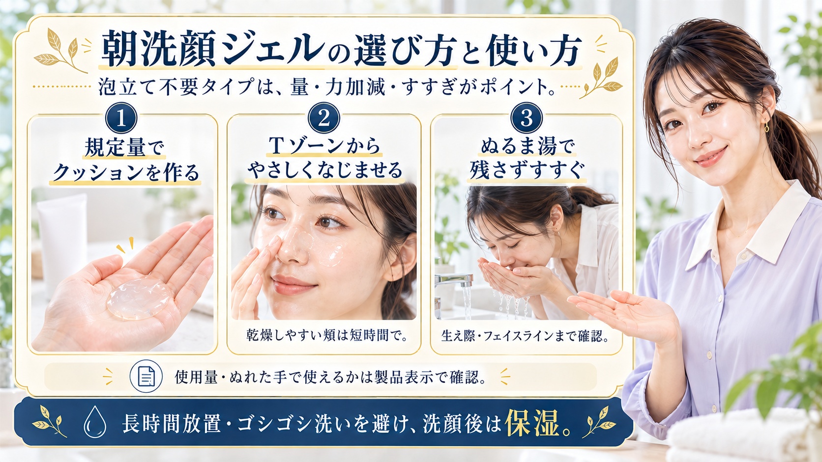 朝洗顔ジェルは泡立て不要タイプなら量力加減すすぎがポイント。規定量でクッションを作りTゾーンからやさしくなじませ乾燥しやすい頬は短時間で済ませる。ぬるま湯で生え際やフェイスラインまで残さずすすぐ。使用量やぬれた手で使えるかは製品表示を確認し長時間放置やゴシゴシ洗いを避け洗顔後は保湿する