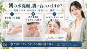 朝の水洗顔は乾燥とベタつきを見て部位ごとに調整する。手を洗って準備しぬるま湯を手ですくって流しベタつくTゾーンは部分洗いをする。タオルはそっと押さえ洗顔後は保湿する。水だけにこだわらずその朝の肌で選び熱いお湯や冷水での引き締めやゴシゴシ洗いを避ける
