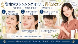 資生堂クレンジングオイルの乳化のコツ。規定量でやさしくなじませ少量のぬるま湯を加え白く軽やかな感触になったら生え際やフェイスラインまで丁寧にすすぐ。ぬるつきが残らないか確認し水ぬれ対応やW洗顔の要否は製品表示に従う。角栓が取れるまでこすらず洗顔後は早めに保湿する