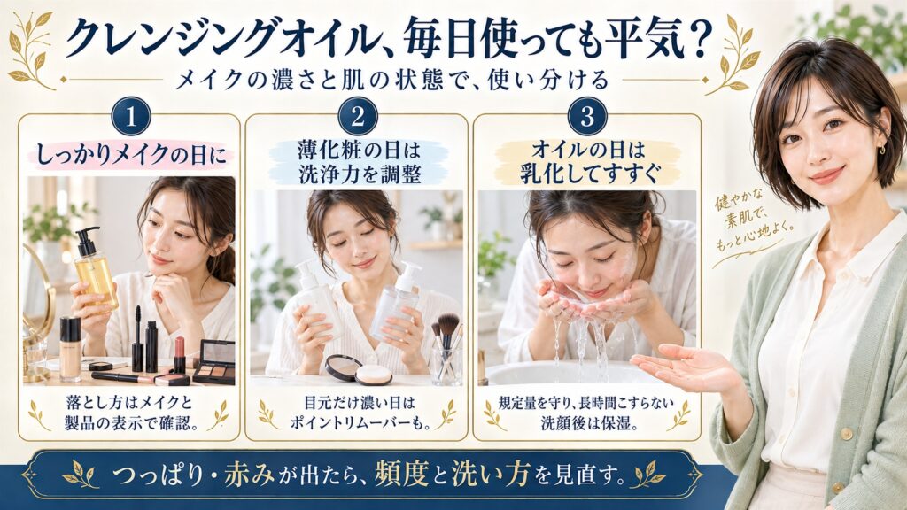 クレンジングオイルの毎日使いはメイクの濃さと肌の状態で使い分ける。しっかりメイクの日は製品表示に合う落とし方を確認し薄化粧の日は洗浄力を調整する。目元だけ濃い日はポイントリムーバーも使える。オイルの日は規定量を守り乳化してすすぎ長時間こすらず洗顔後は保湿する。つっぱりや赤みが出たら頻度と洗い方を見直す