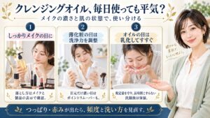クレンジングオイルの毎日使いはメイクの濃さと肌の状態で使い分ける。しっかりメイクの日は製品表示に合う落とし方を確認し薄化粧の日は洗浄力を調整する。目元だけ濃い日はポイントリムーバーも使える。オイルの日は規定量を守り乳化してすすぎ長時間こすらず洗顔後は保湿する。つっぱりや赤みが出たら頻度と洗い方を見直す