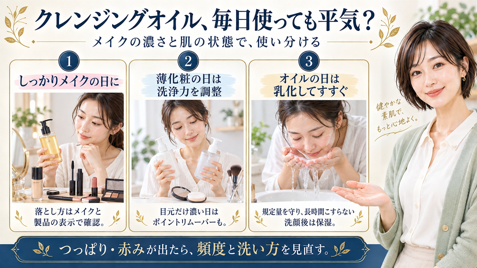 クレンジングオイルの毎日使いはメイクの濃さと肌の状態で使い分ける。しっかりメイクの日は製品表示に合う落とし方を確認し薄化粧の日は洗浄力を調整する。目元だけ濃い日はポイントリムーバーも使える。オイルの日は規定量を守り乳化してすすぎ長時間こすらず洗顔後は保湿する。つっぱりや赤みが出たら頻度と洗い方を見直す