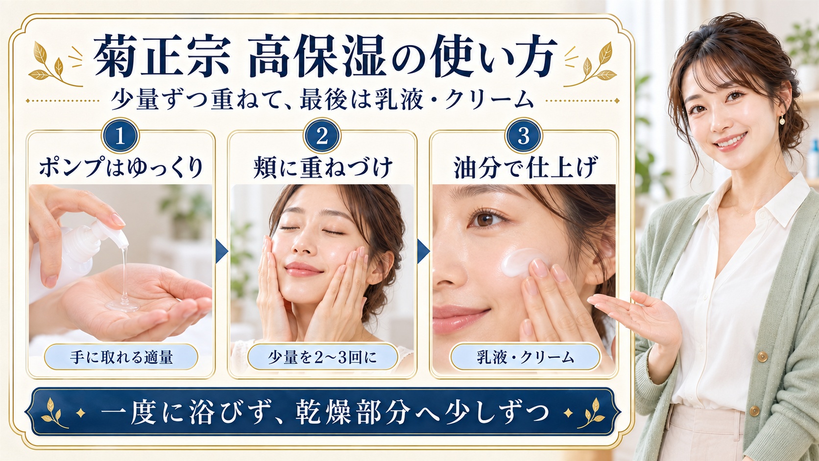 菊正宗日本酒の化粧水高保湿の効果的な使い方とは?重ねづけの秘訣