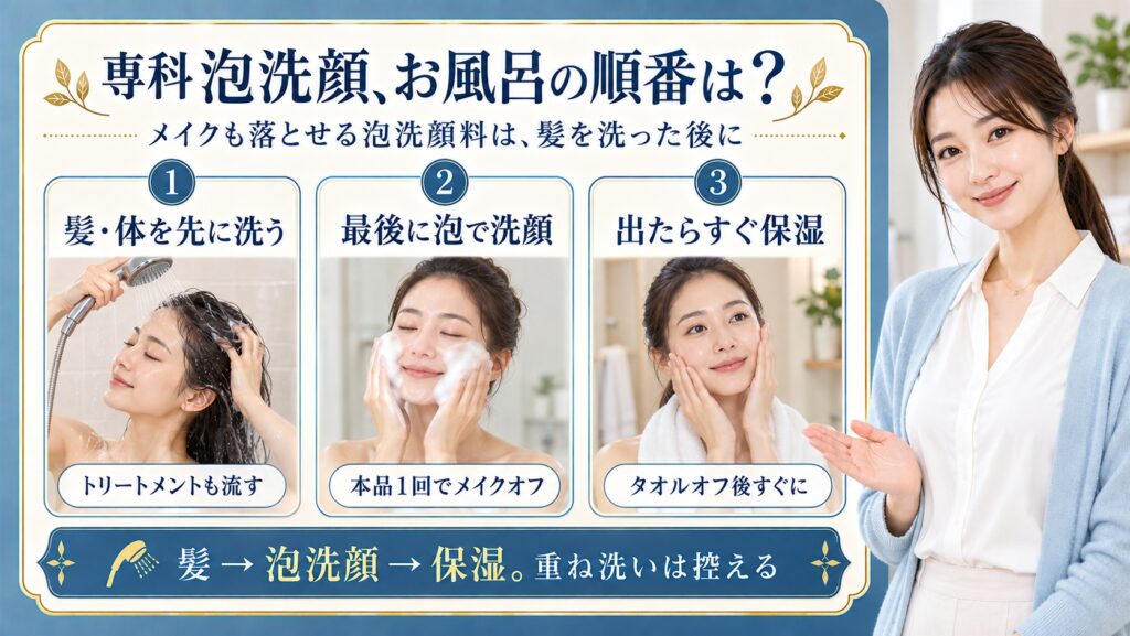 専科メイクも落とせる泡洗顔料の使う順番とは？バスタイム手順徹底解説