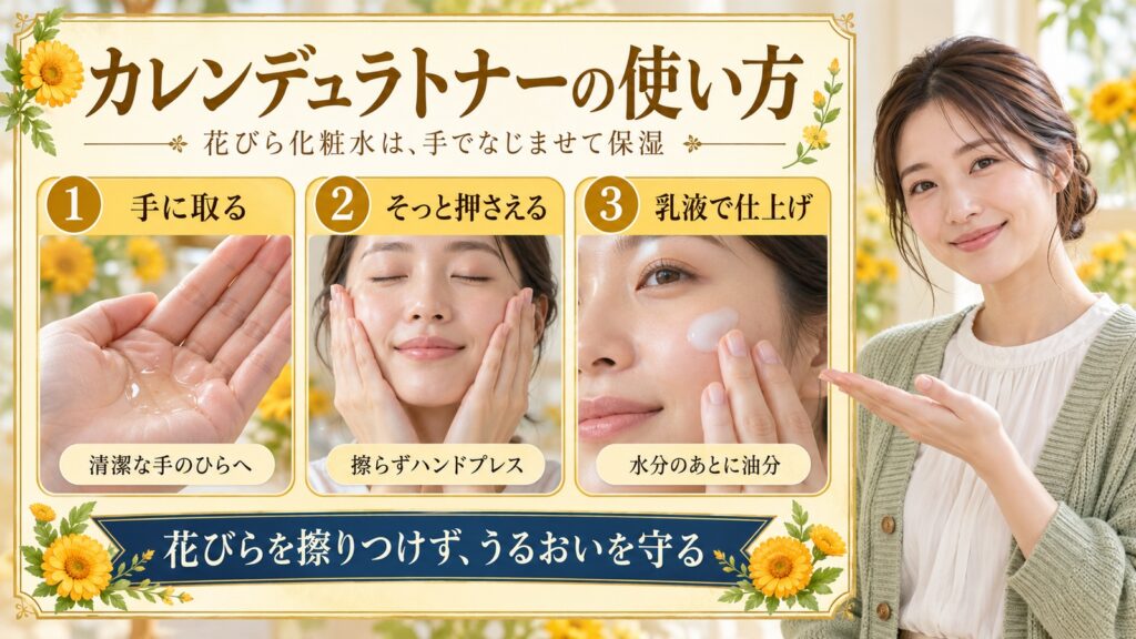 カレンデュラトナー使い方！花びら化粧水の効果的な保湿手順