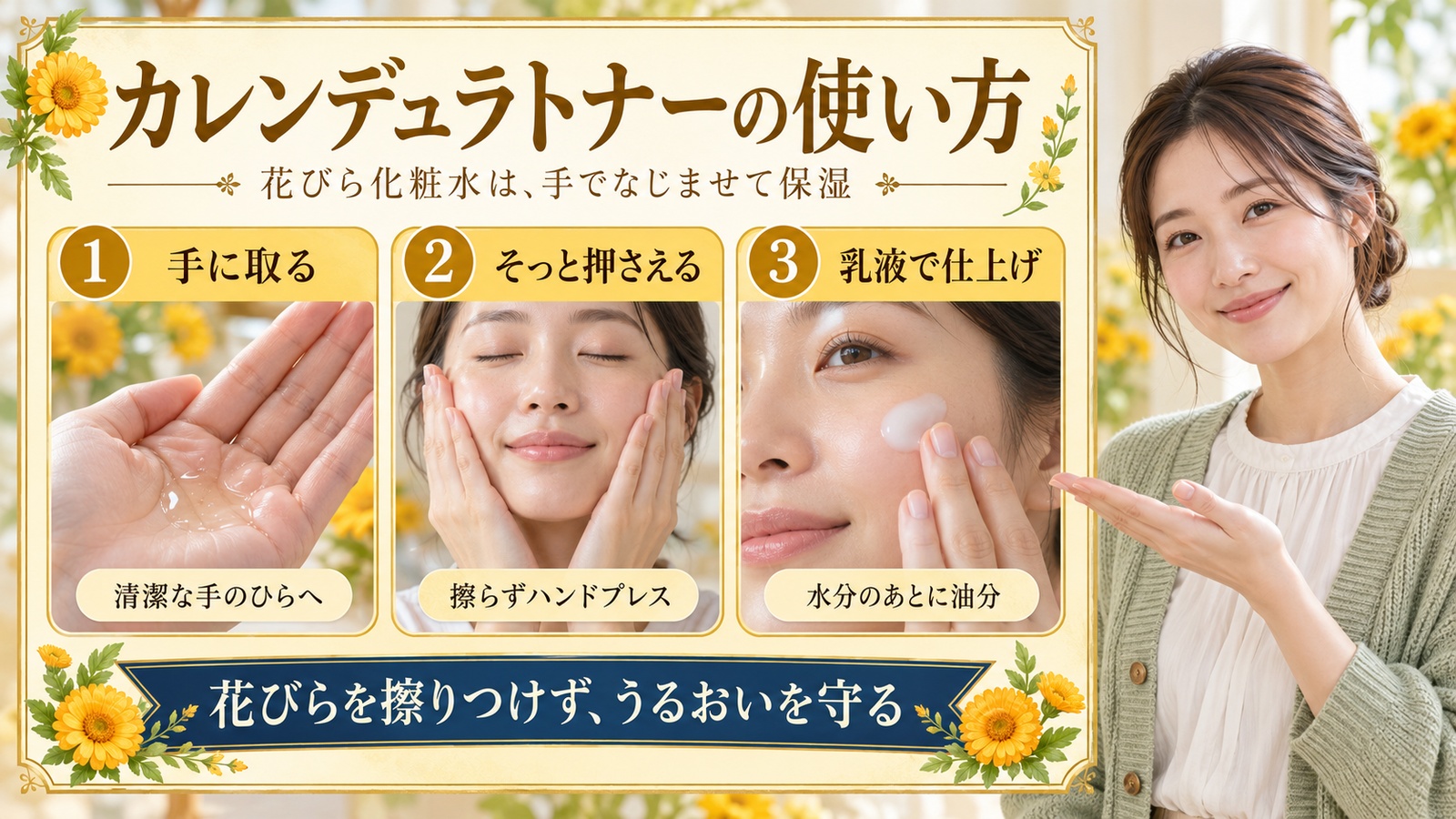 カレンデュラトナー使い方！花びら化粧水の効果的な保湿手順