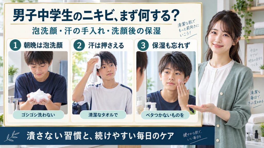 男子中学生のニキビ、まず何する？