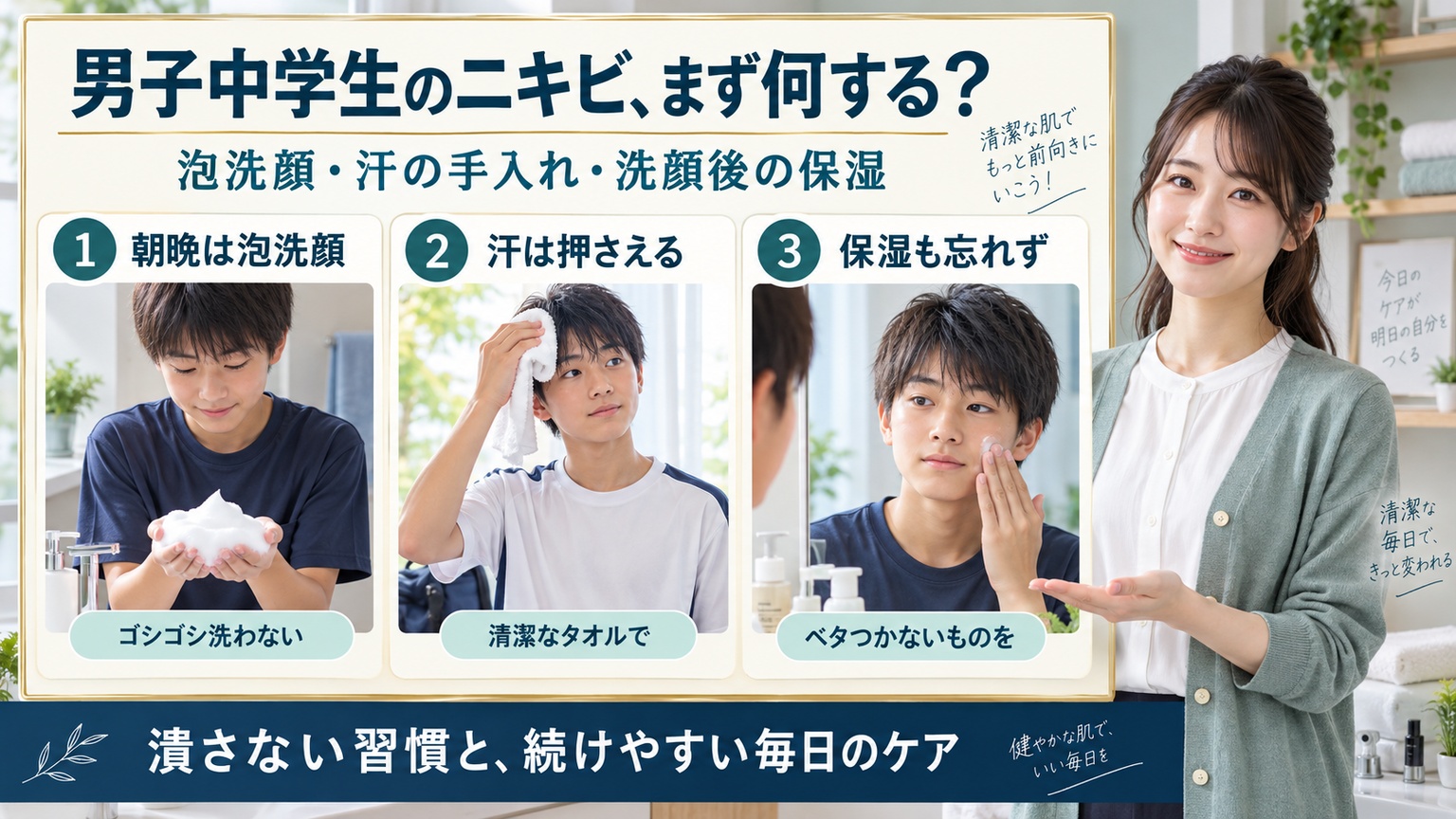 男子中学生のニキビ、まず何する？