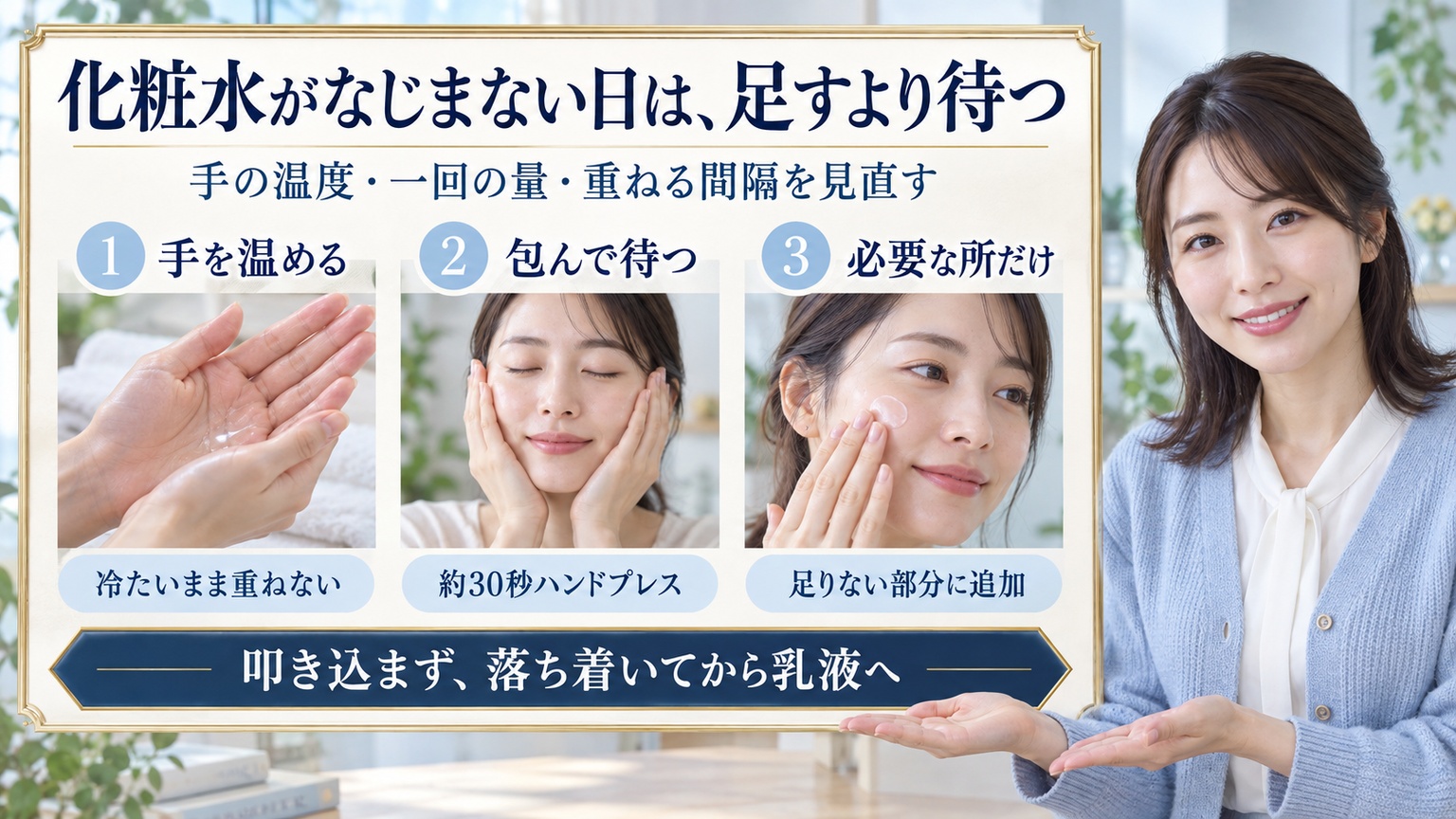 化粧水がなじまない日は、足すより待つ