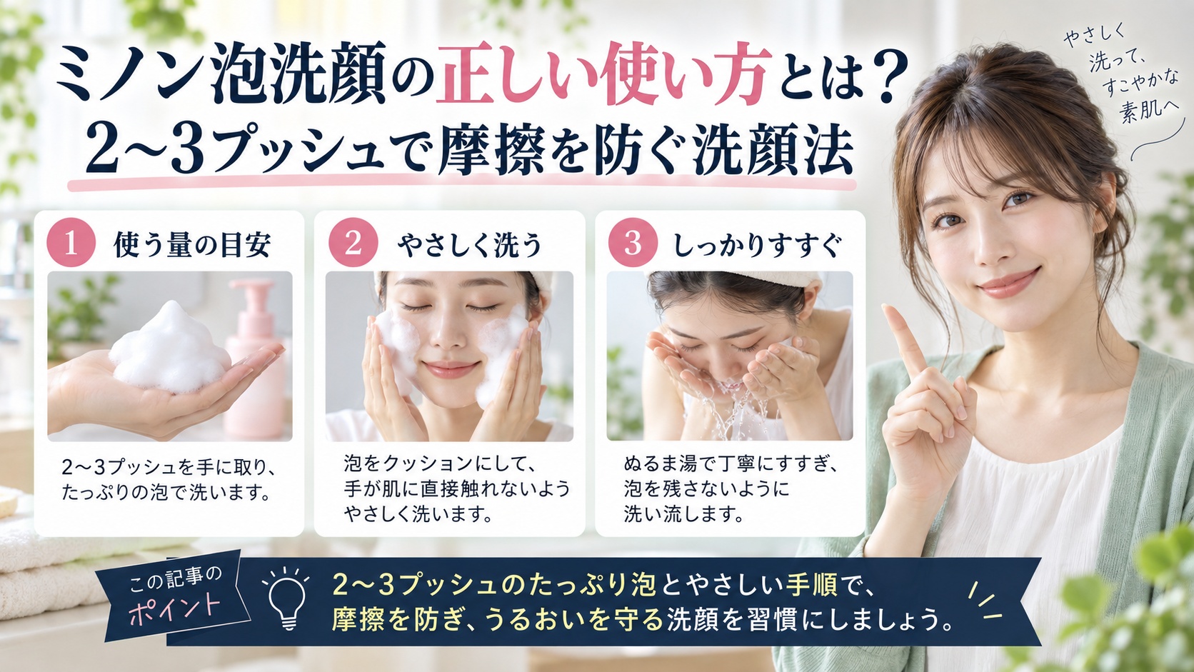 ミノン泡洗顔の正しい使い方とは？2〜3プッシュで摩擦を防ぐ洗顔法を3ステップで解説するアイキャッチ