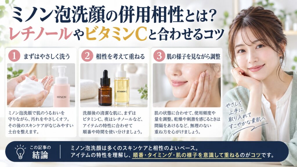 ミノン泡洗顔の併用相性とは？レチノールやビタミンCと合わせるコツを3ステップで解説するアイキャッチ