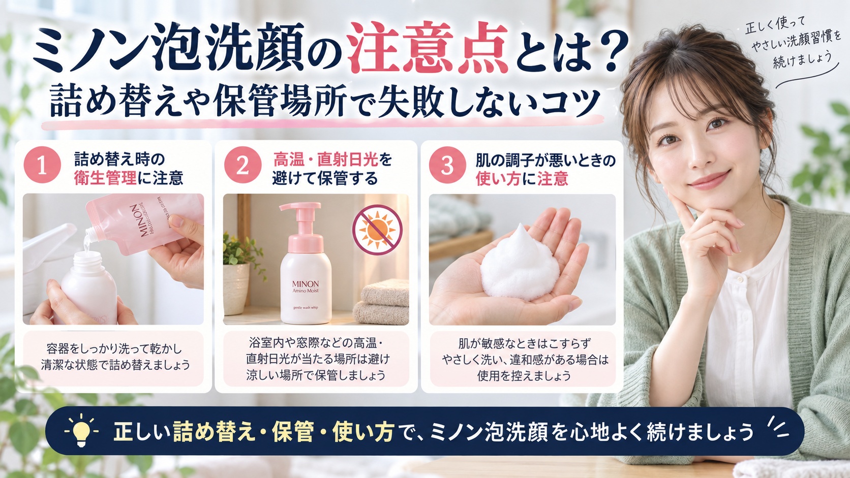 ミノン泡洗顔の注意点とは？詰め替えや保管場所で失敗しないコツを3ステップで解説するアイキャッチ