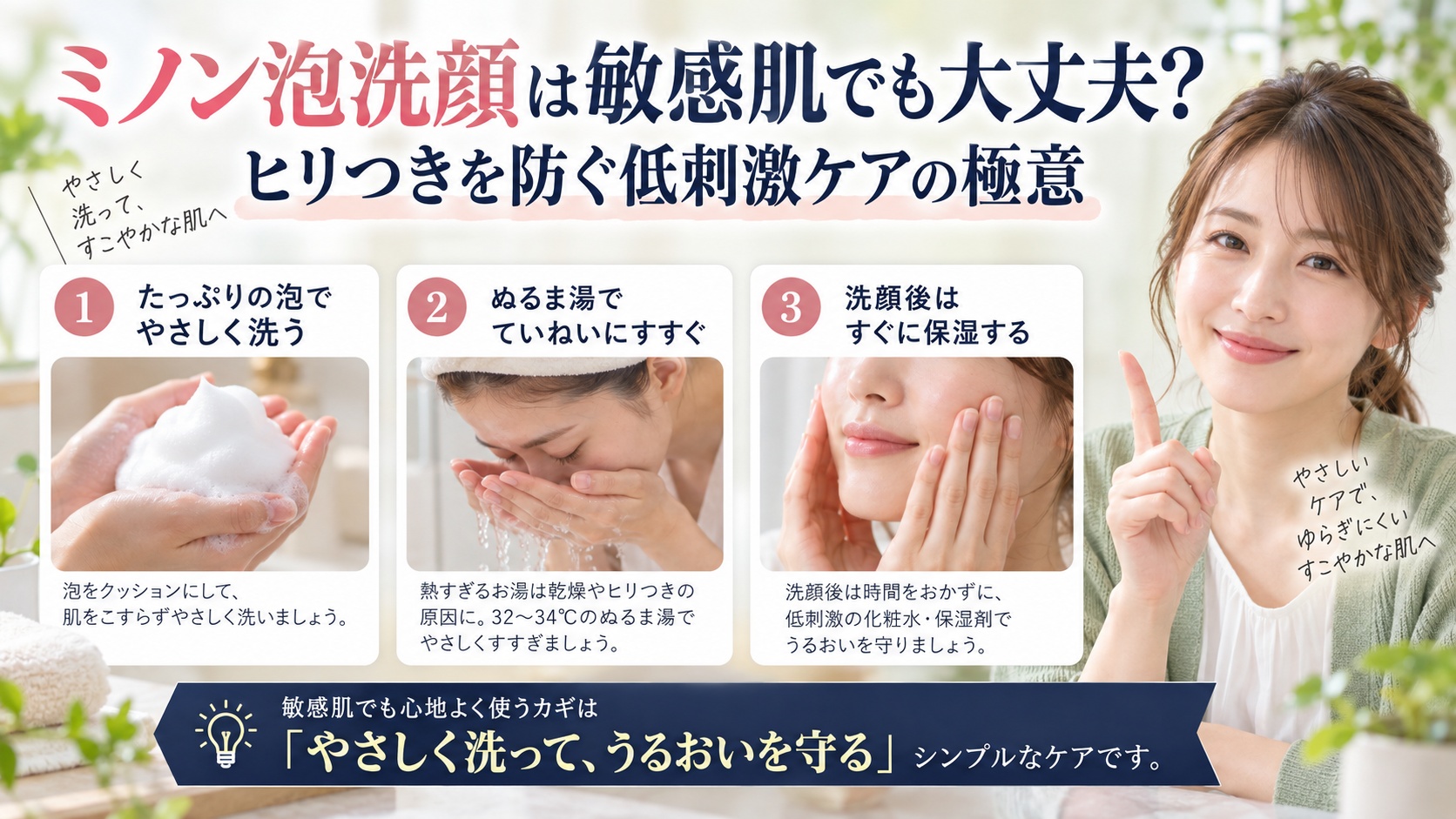 ミノン泡洗顔は敏感肌でも大丈夫?ヒリつきを防ぐ低刺激ケアの極意を3ステップで解説するアイキャッチ