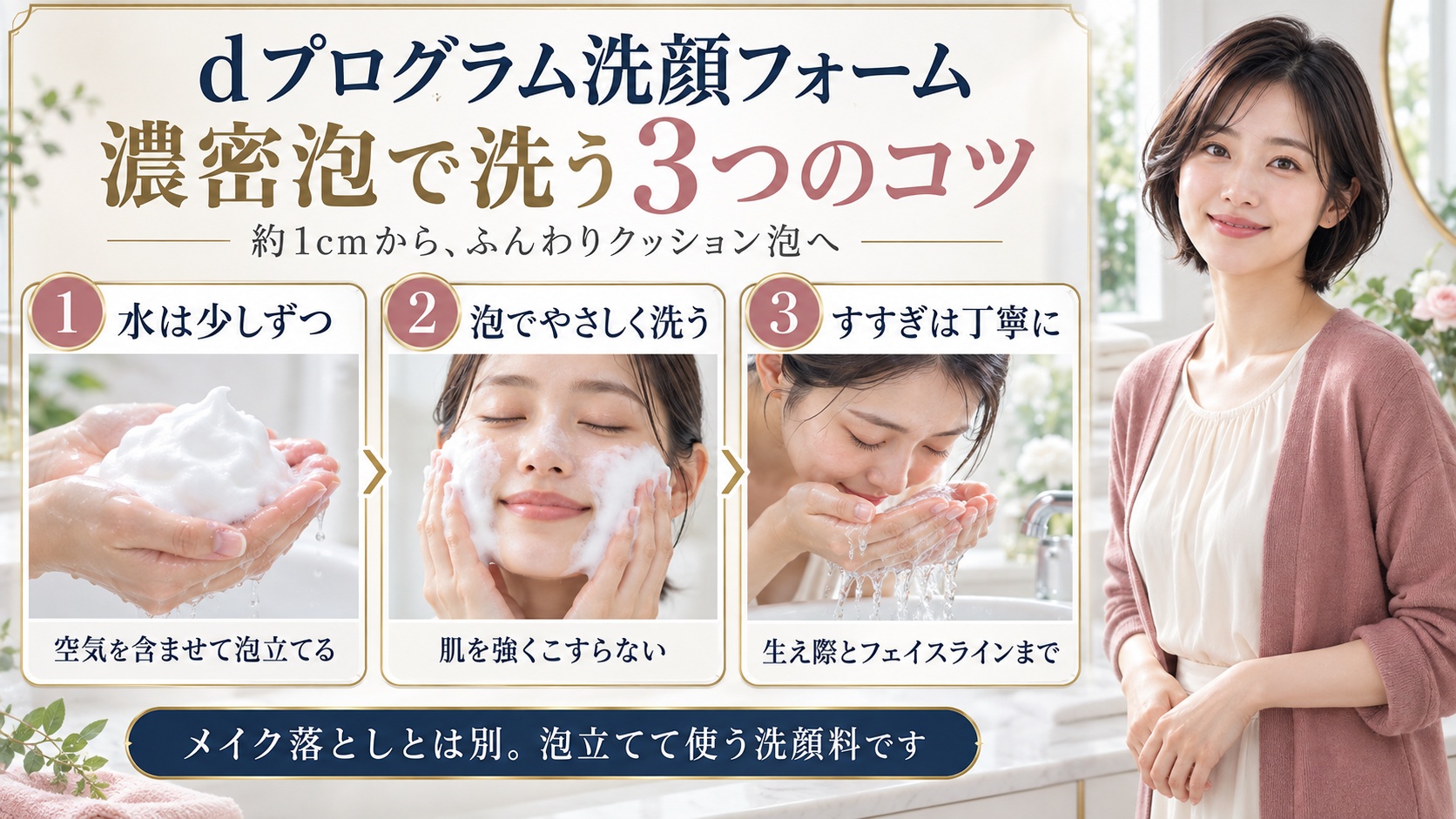 dプログラム洗顔フォームの正しい使い方とは?濃密泡を作る4手順の要点を3つの写真カードで説明