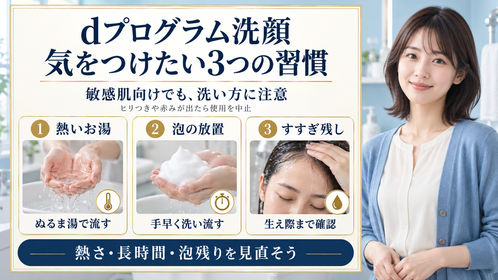 dプログラム洗顔フォームの注意点とは?肌荒れを防ぐNG習慣の要点を3つの写真カードで説明