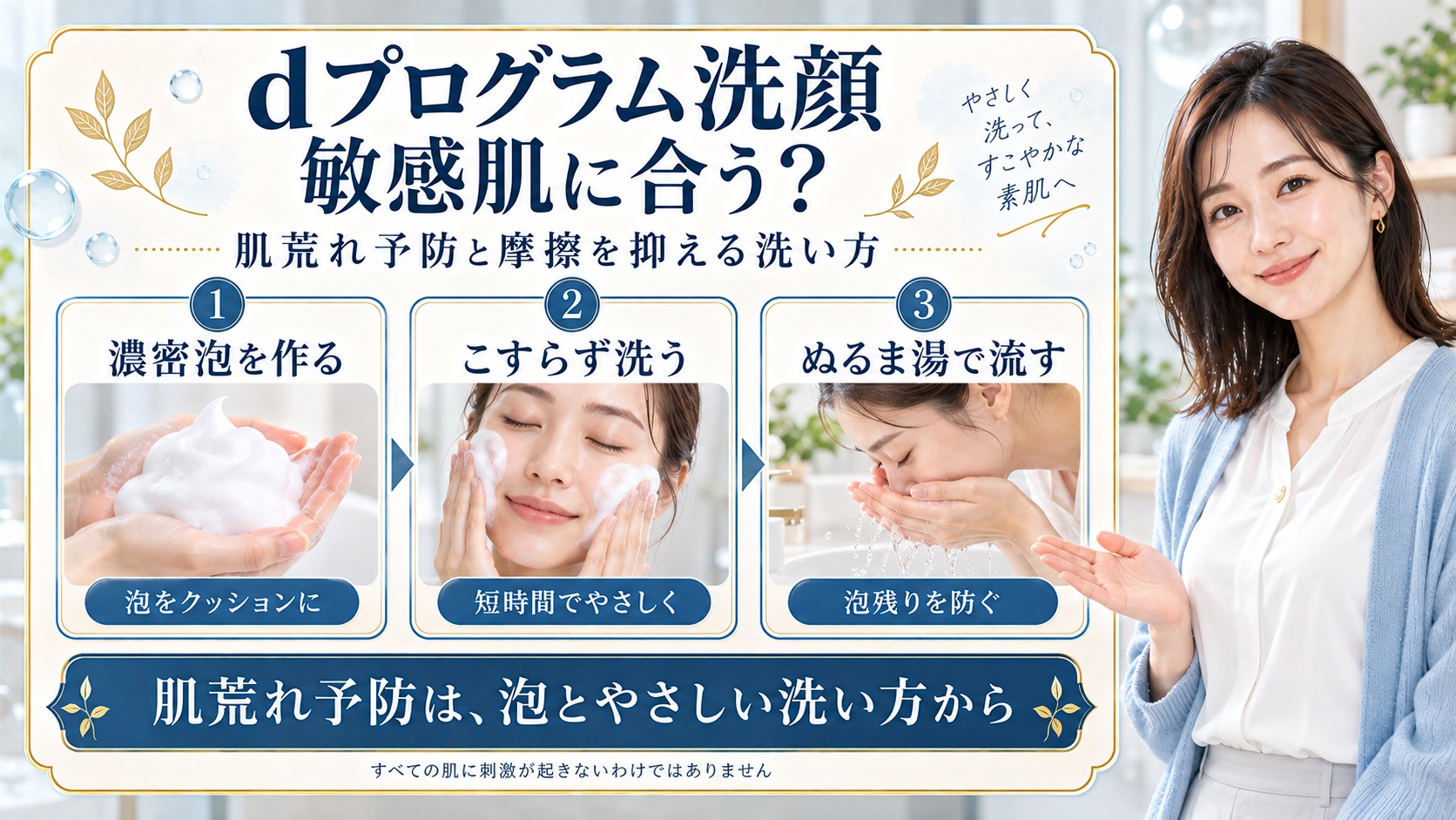 dプログラム洗顔フォームは敏感肌に合う？肌荒れ予防の真実の要点を3つの写真カードで説明