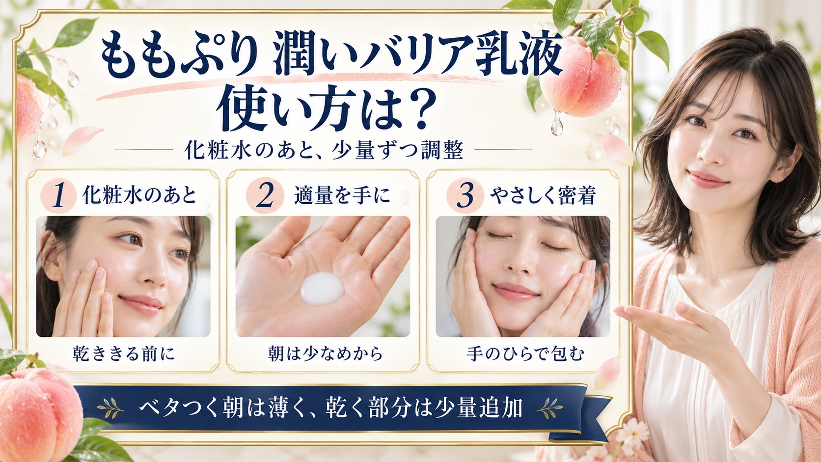 化粧水のあとに適量を取り手のひらでやさしく密着させる3手順