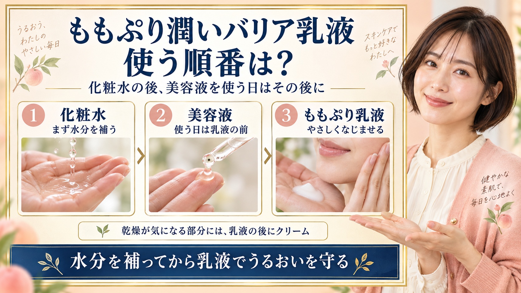 ももぷり潤いバリア乳液の順番とは？化粧水や美容液との正しい手順の要点を3つの写真カードで説明