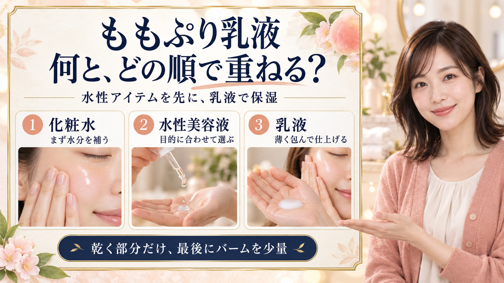 ももぷり潤いバリア乳液の併用ガイド！他社スキンケアとの相性の要点を3つの写真カードで説明