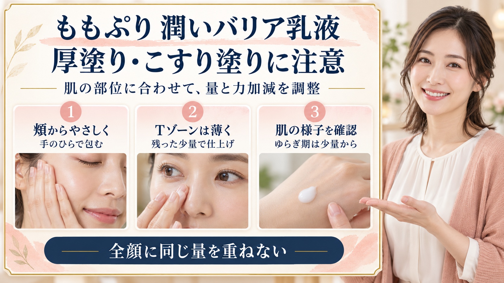 ももぷり潤いバリア乳液の注意点とは?肌荒れを防ぐ正しい塗り方の要点を3つの写真カードで説明
