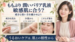 ももぷり潤いバリア乳液は敏感肌に合う？成分と使い方の注意点の要点を3つの写真カードで説明