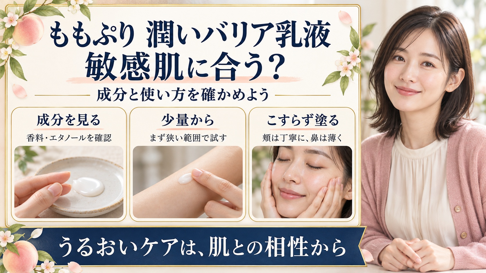ももぷり潤いバリア乳液は敏感肌に合う?成分と使い方の注意点の要点を3つの写真カードで説明