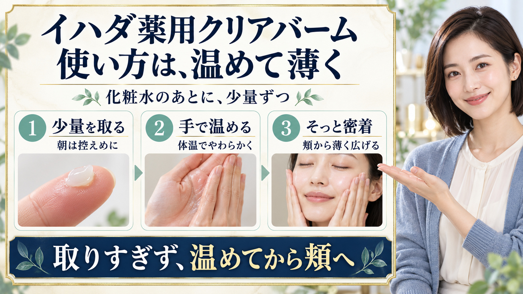 イハダ薬用クリアバームの使い方！とろける適量と塗り方のコツの要点を3つの写真カードで説明