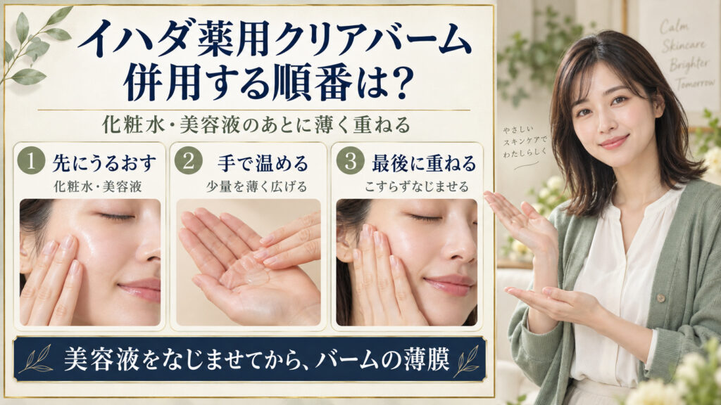 イハダ薬用クリアバームの併用ガイド！他社スキンケアとの相性の要点を3つの写真カードで説明