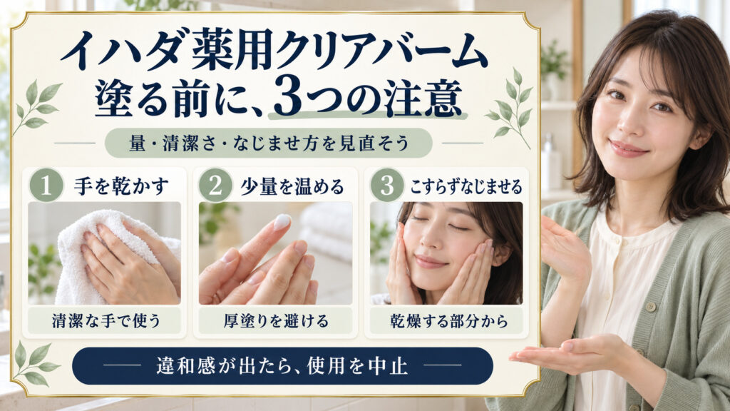 イハダ薬用クリアバームの注意点！肌荒れを防ぐ正しい塗り方の要点を3つの写真カードで説明