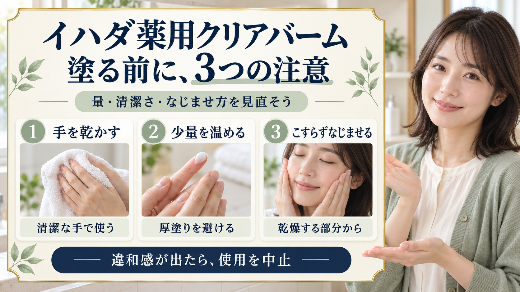 イハダ薬用クリアバームの注意点！肌荒れを防ぐ正しい塗り方の要点を3つの写真カードで説明