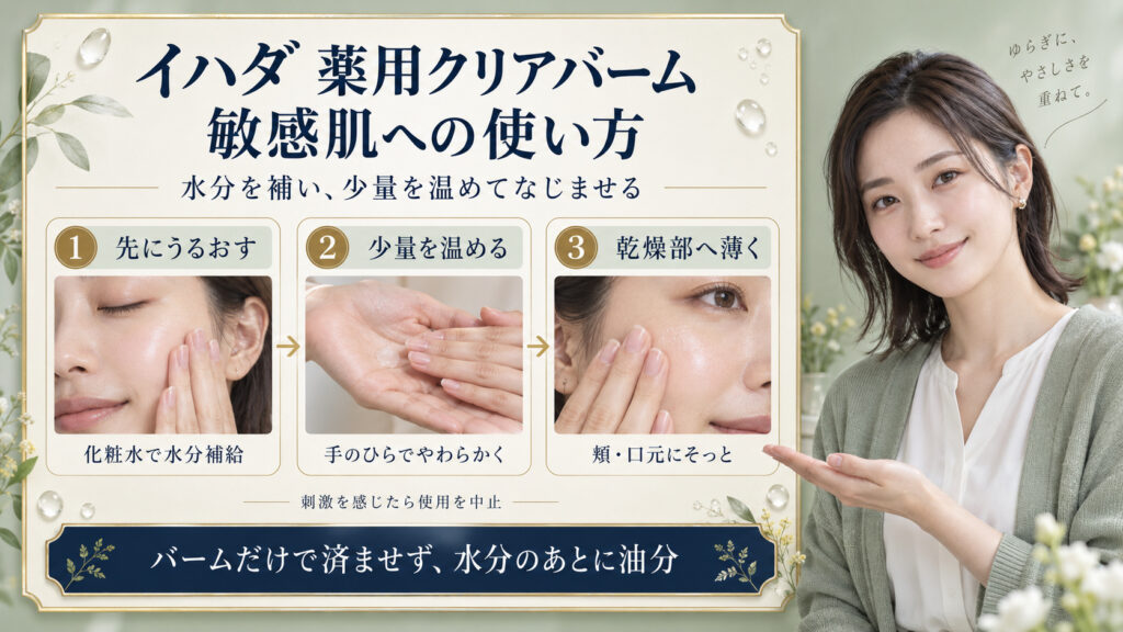 イハダ薬用クリアバームは敏感肌でも使える？刺激を防ぐ美白術の要点を3つの写真カードで説明