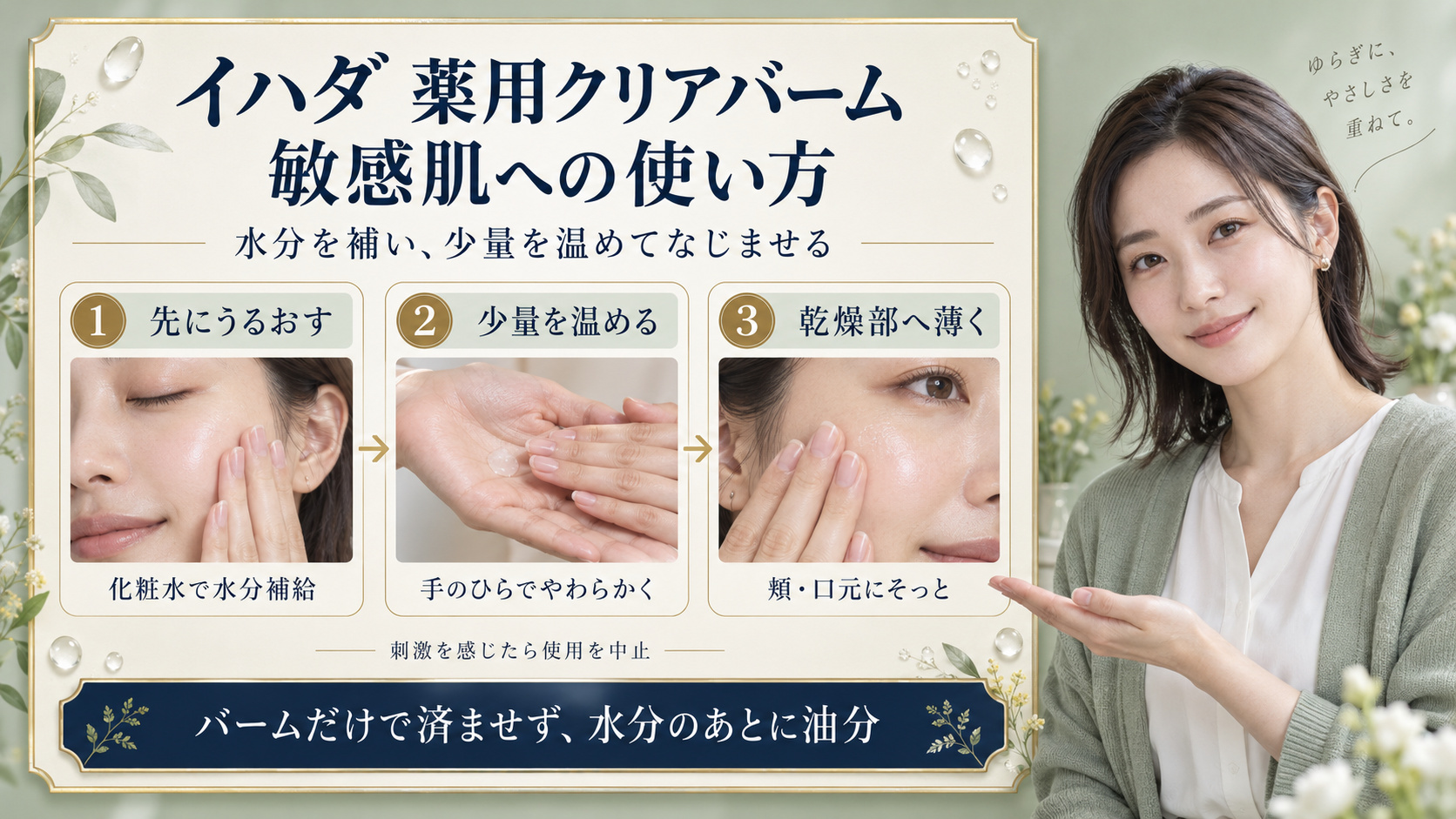 イハダ薬用クリアバームは敏感肌でも使える?刺激を防ぐ美白術の要点を3つの写真カードで説明