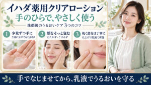 イハダ薬用クリアローションの使い方！刺激を防ぐ手のひら浸透術の要点を3つの写真カードで説明