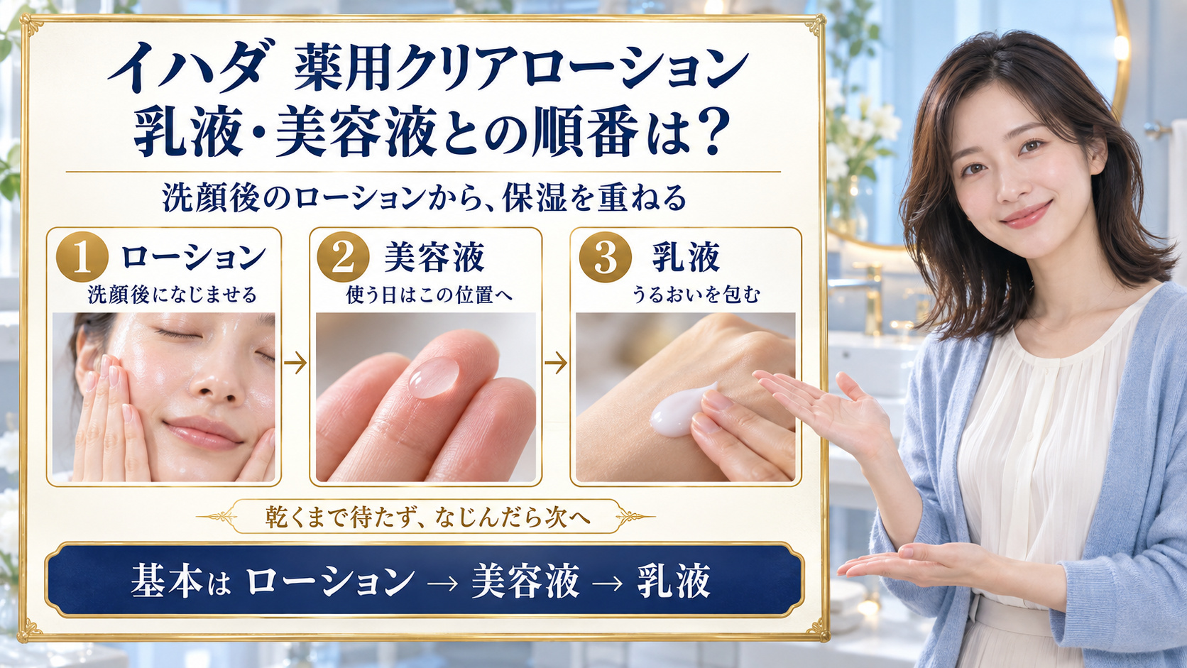 イハダ薬用クリアローションの順番!乳液や美容液と重ねる黄金手順の要点を3つの写真カードで説明