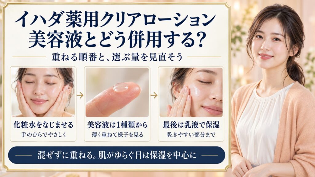 イハダ薬用クリアローションの併用ガイド！他社コスメとの相性術の要点を3つの写真カードで説明