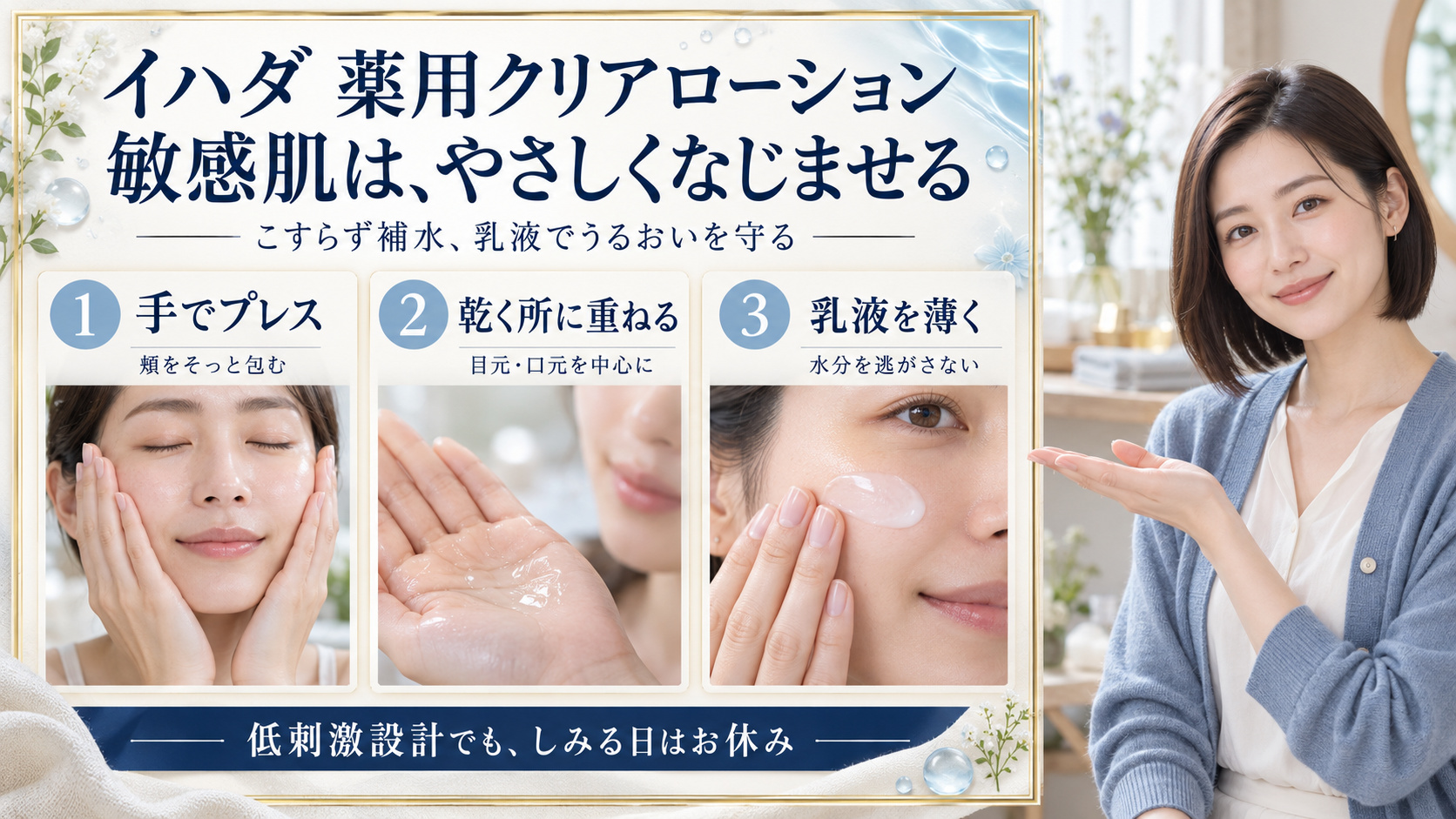 イハダ薬用クリアローションは敏感肌に合う?刺激を防ぐ美白術の要点を3つの写真カードで説明