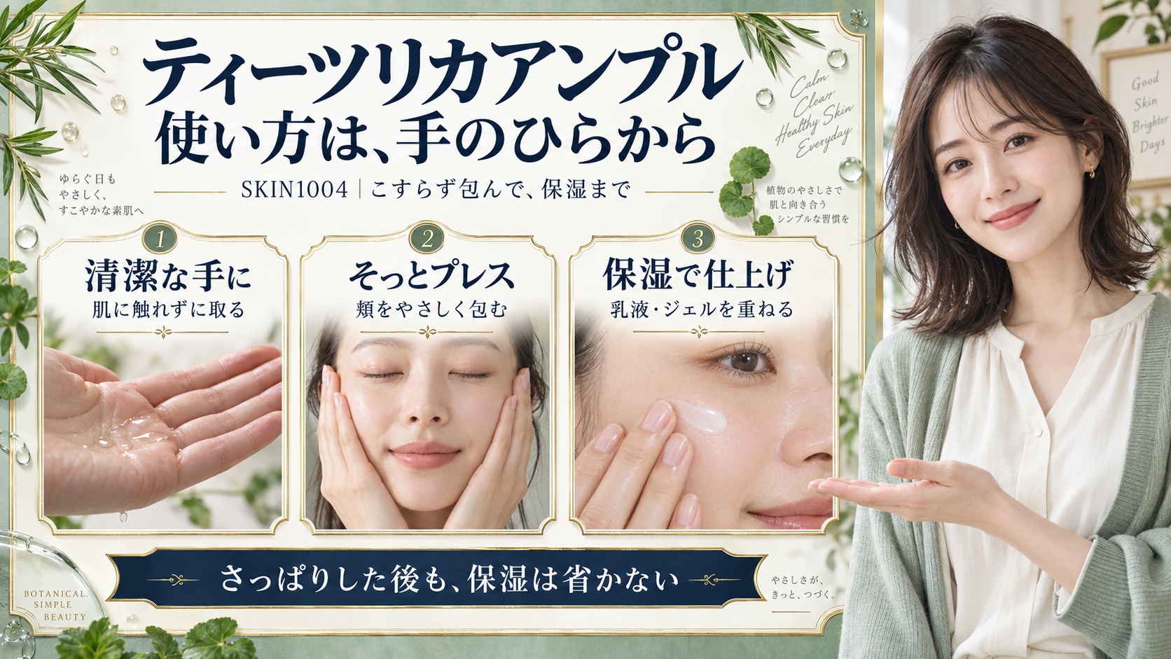 SKIN1004ティーツリカアンプルの使い方!ニキビを防ぐ鎮静術の要点を3つの写真カードで説明