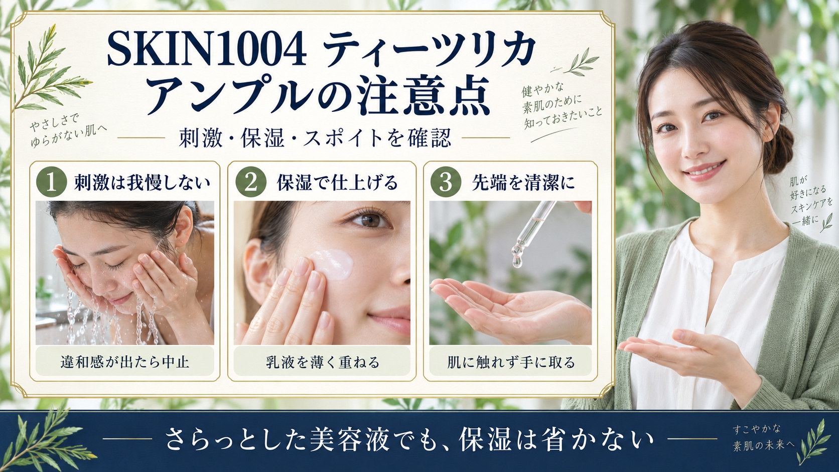 SKIN1004ティーツリカアンプルの注意点!肌荒れを防ぐ安全な使い方の要点を3つの写真カードで説明