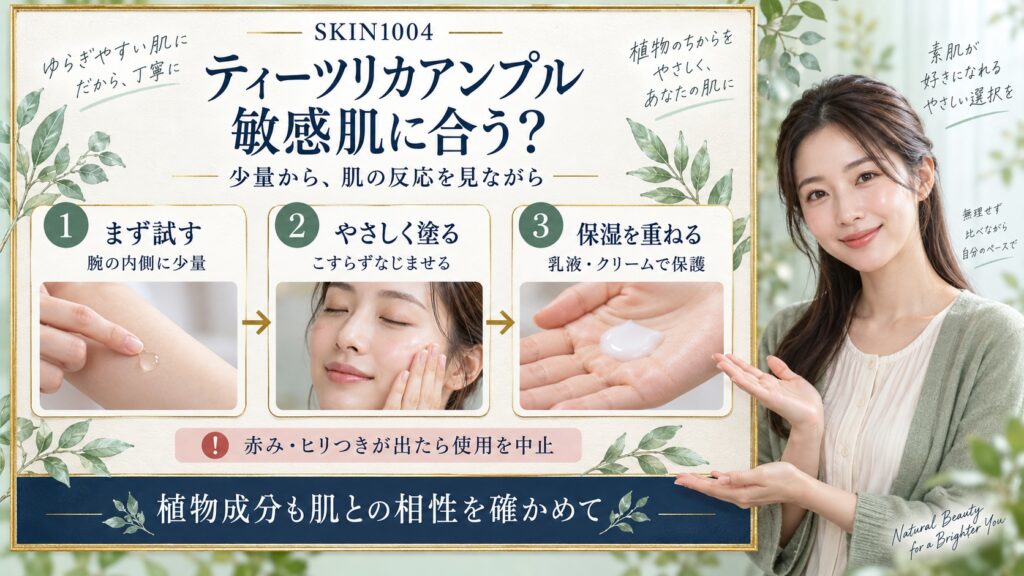 SKIN1004ティーツリカアンプルは敏感肌に合う？刺激を防ぐ使い方の要点を3つの写真カードで説明
