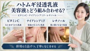 ナチュリエハトムギ浸透乳液の併用ガイド！相性の良い美容成分の要点を3つの写真カードで説明