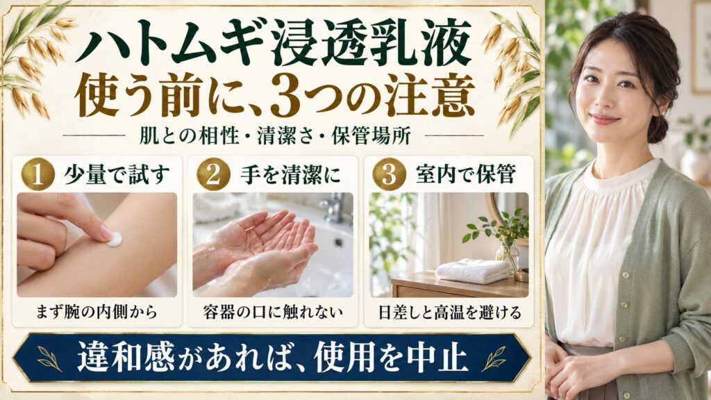 ナチュリエハトムギ浸透乳液の注意点!肌荒れを防ぐ安全なケアの要点を3つの写真カードで説明