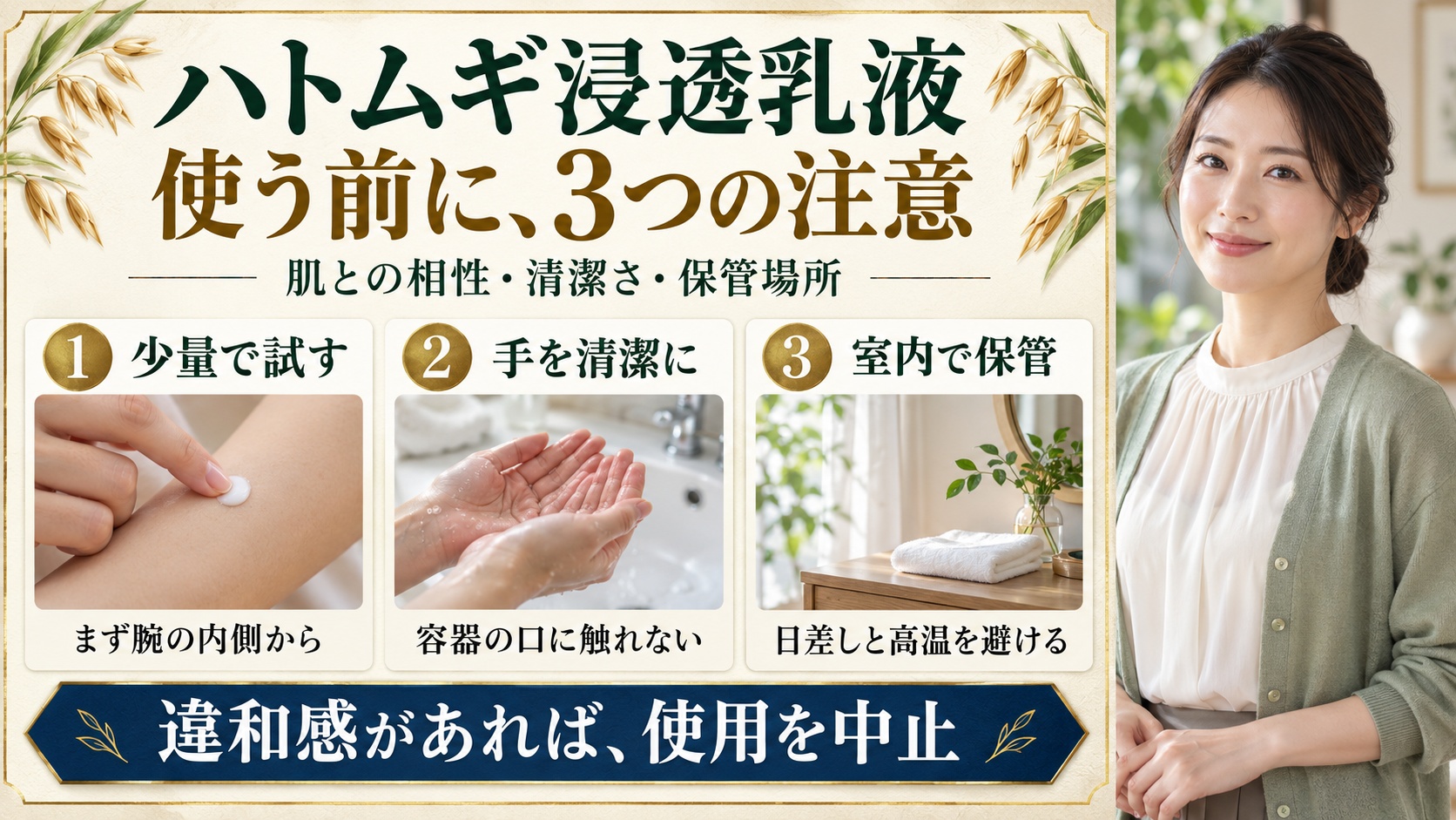 ナチュリエハトムギ浸透乳液の注意点!肌荒れを防ぐ安全なケアの要点を3つの写真カードで説明