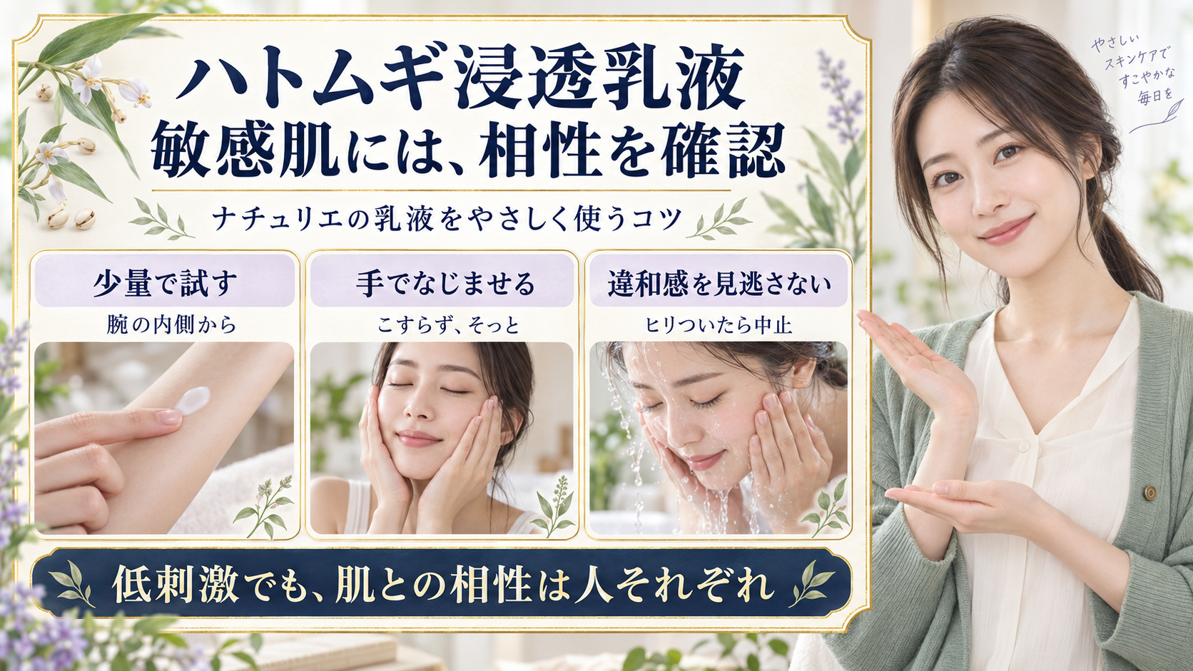 ナチュリエハトムギ浸透乳液は敏感肌に合う?低刺激な使い方のコツの要点を3つの写真カードで説明