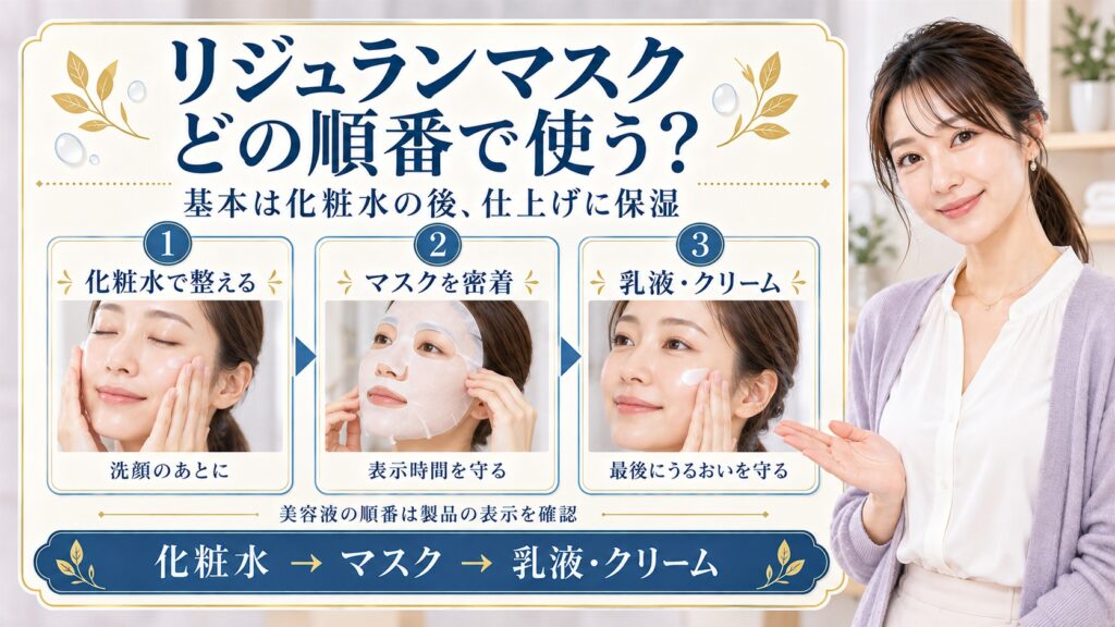 REJURANスージングマスクの順番！化粧水後と美容液の正しい配置の要点を3つの写真カードで説明